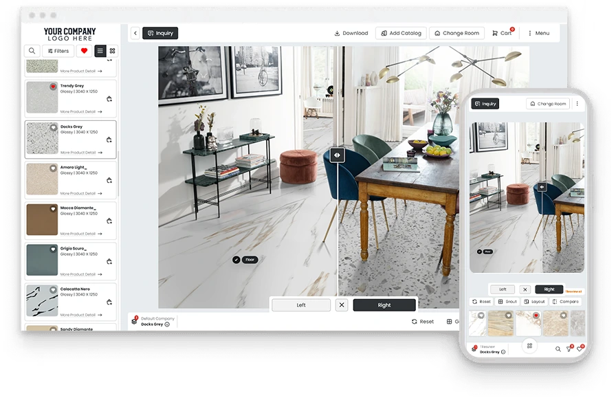 Tilesview Visualizer, показващ стая преди и след на настолен компютър и мобилно устройство